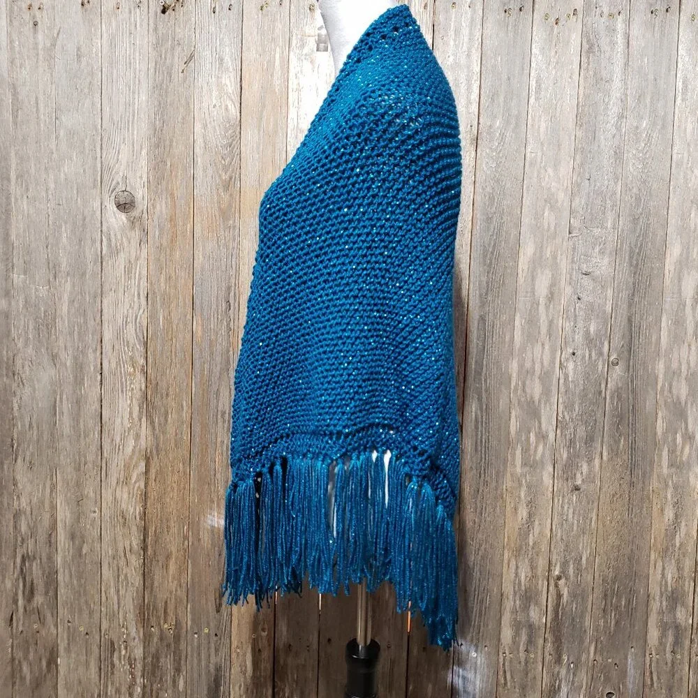 NEW Metallic Hand Knit Shawl‎ Wrap Scarf Boho Hippie Glam Artsy Indie Teal Blue